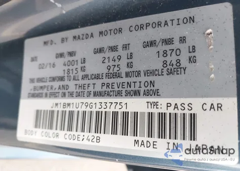 2016 Mazda Mazda3 I Sport из США, поврежденный, VIN JM1BM1U79G1337751